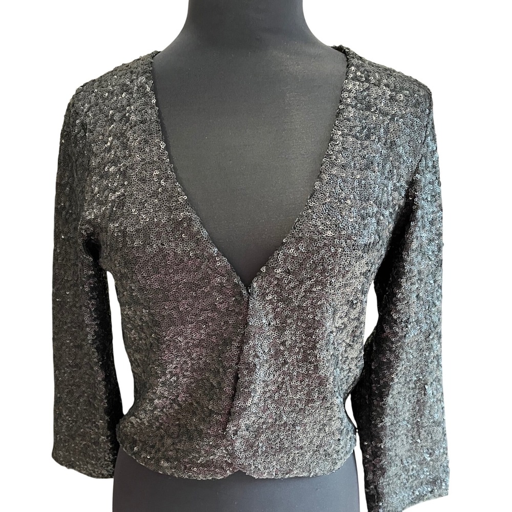 Velvet by Graham & Spencer Black Sequin Cropped Cardigan Jacket V-Neck Womens